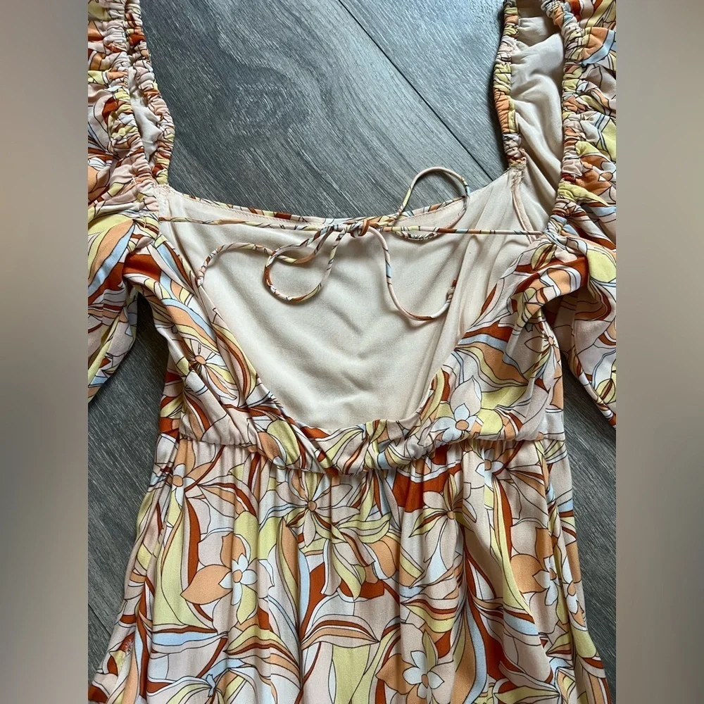 L*Space Bahia Balloon Sleeve Bohemian Cream & Orange Floral Tiered Maxi Dress XS